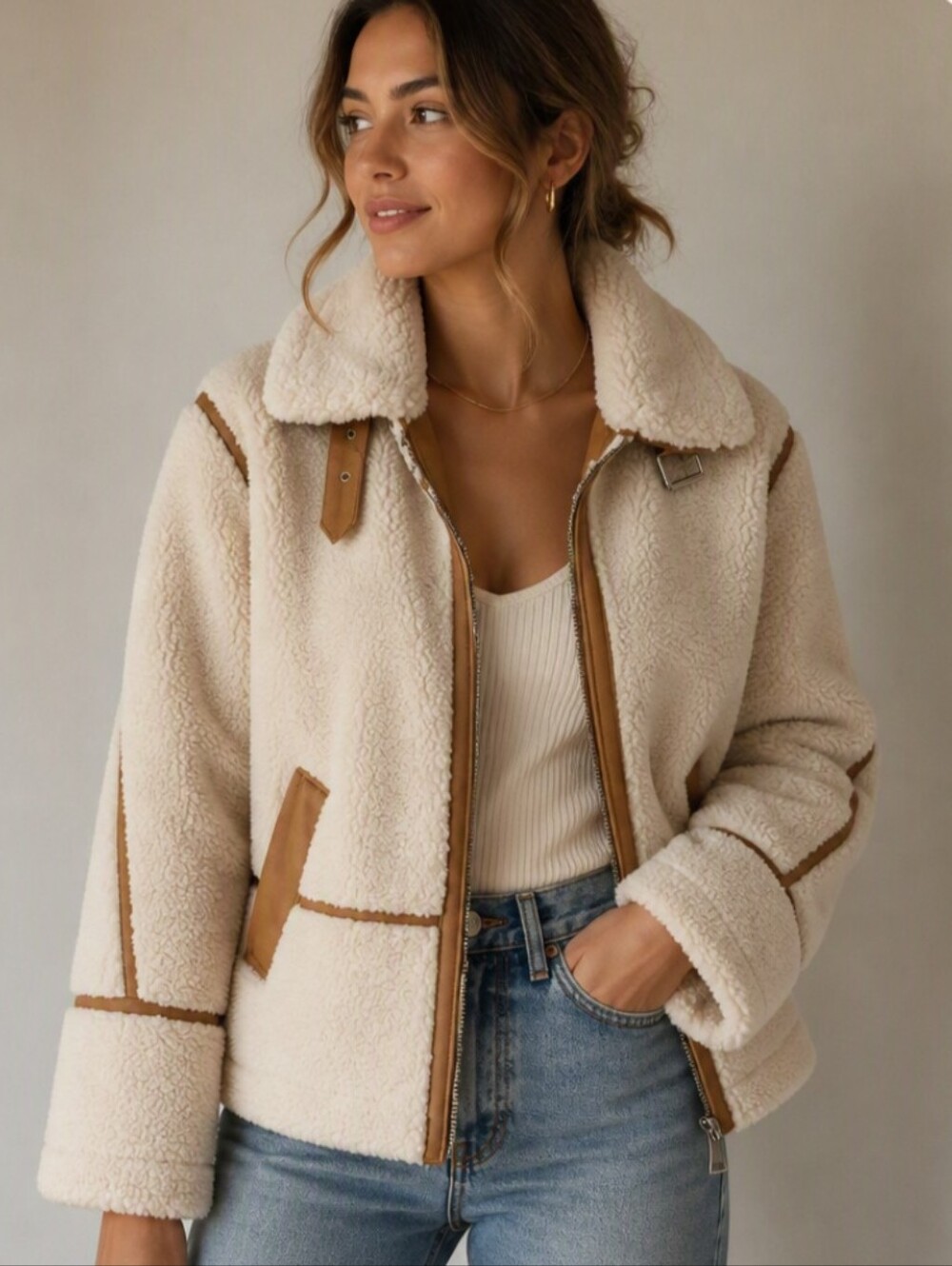 Cream Sherpa Jacket with Brown Trim - Women